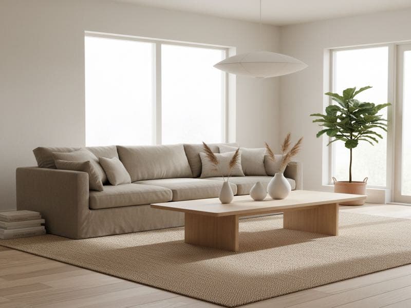 Japandi eingerichtetes Wohnzimmer — virtuelles Home Staging Beispiel