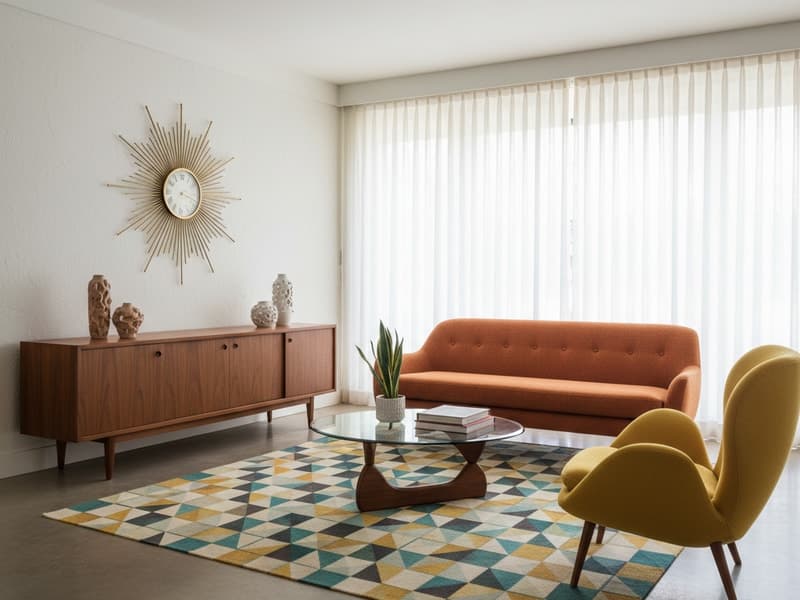 Mid-Century Modern eingerichtetes Wohnzimmer — virtuelles Home Staging Beispiel